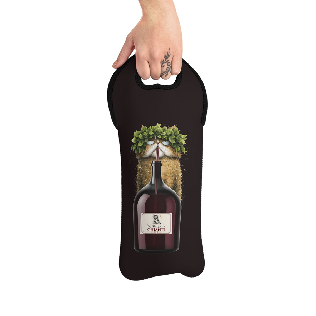 Cat Chianti Bottle Illustration Wine Tote | Neoprene Wine Carrier