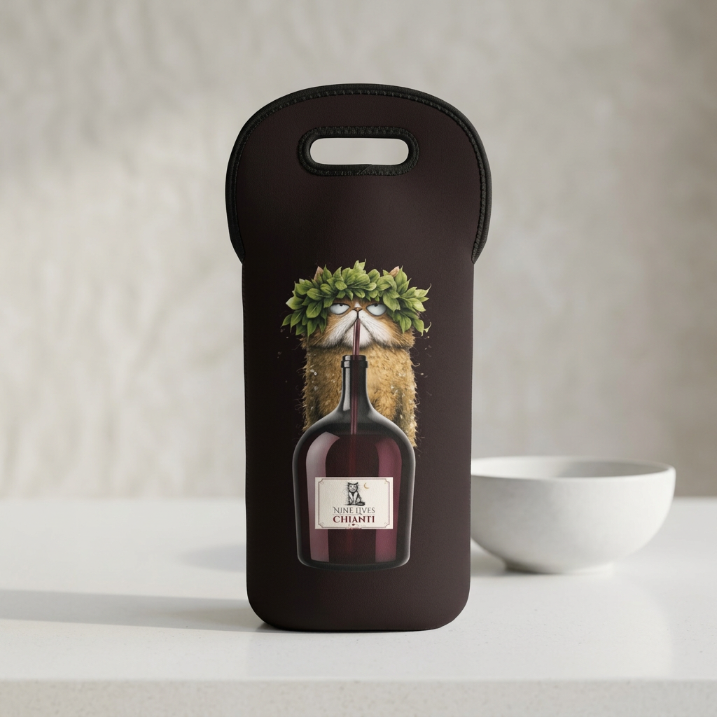 Cat Chianti Bottle Illustration Wine Tote | Neoprene Wine Carrier