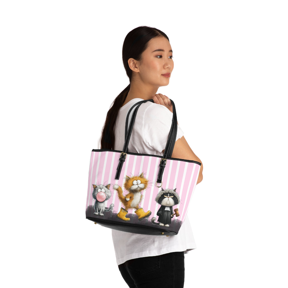 Whimsical Striped Cats PU Leather Shoulder Bag | Pink Cat Illustration