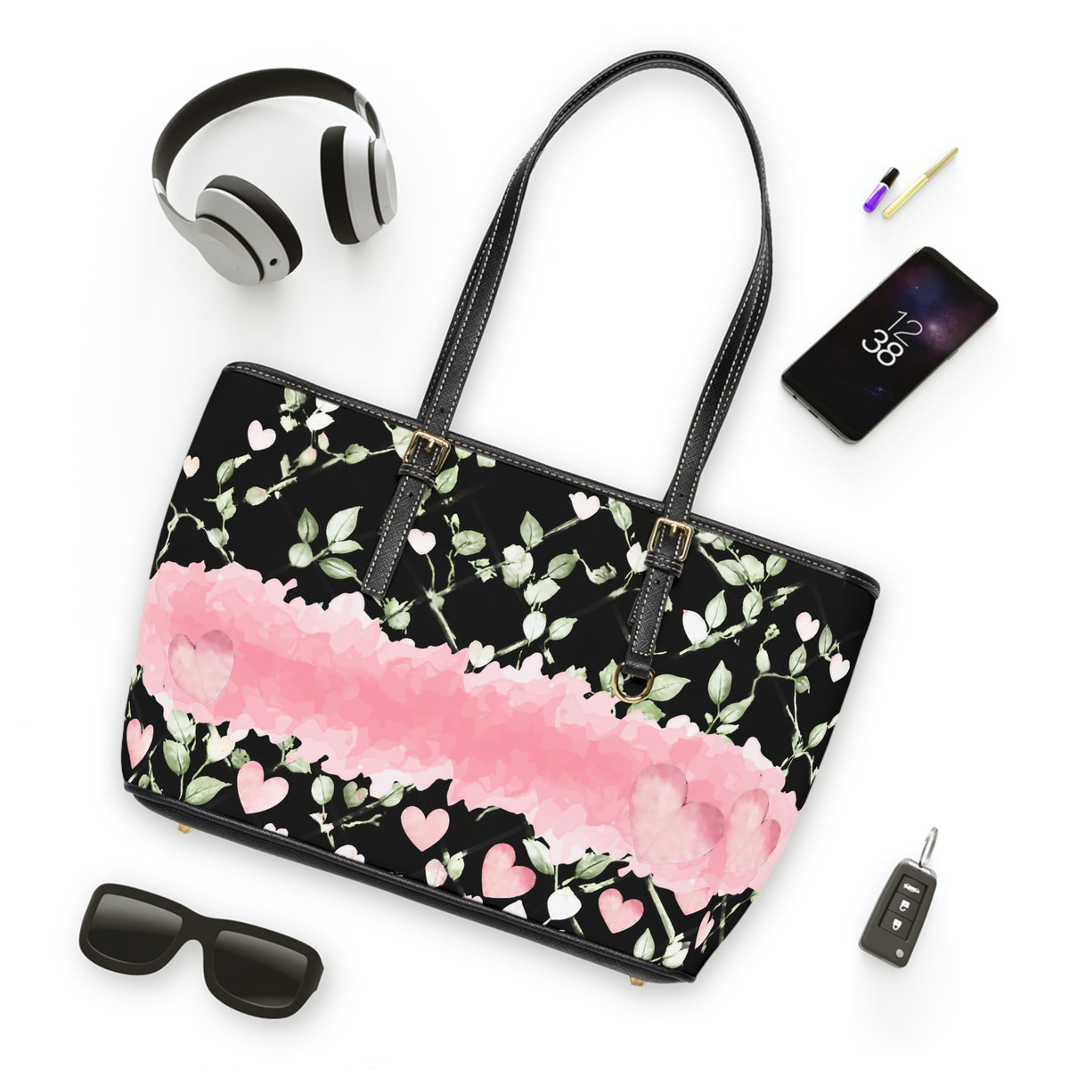 Romantic Floral Heart Print PU Leather Shoulder Bag