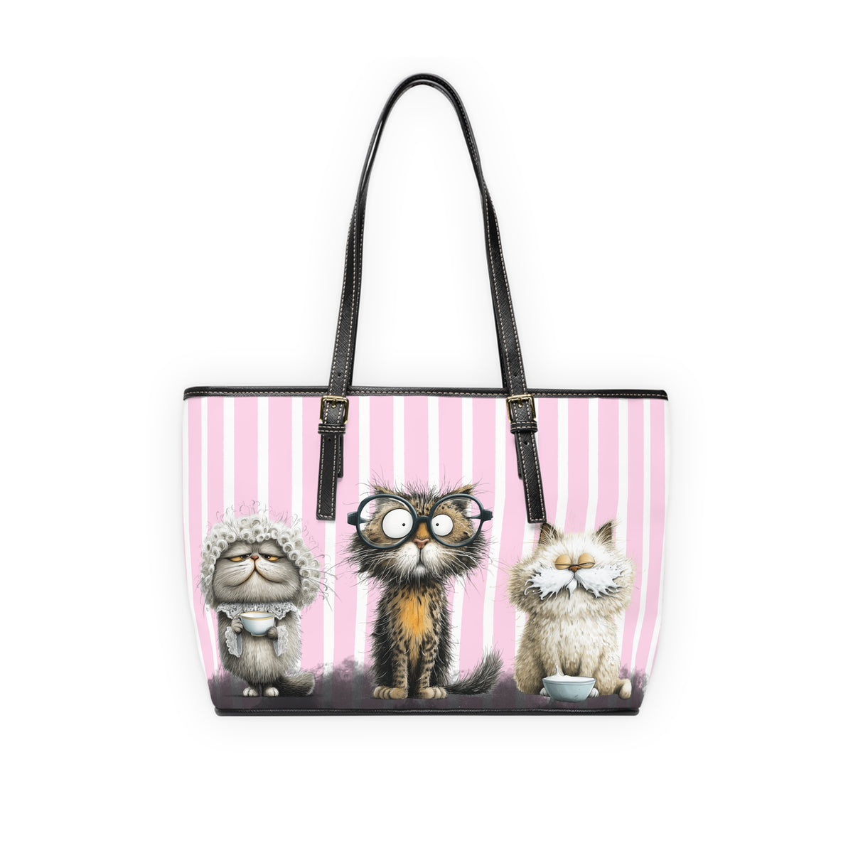 Whimsical Striped Cats PU Leather Shoulder Bag | Pink Cat Illustration