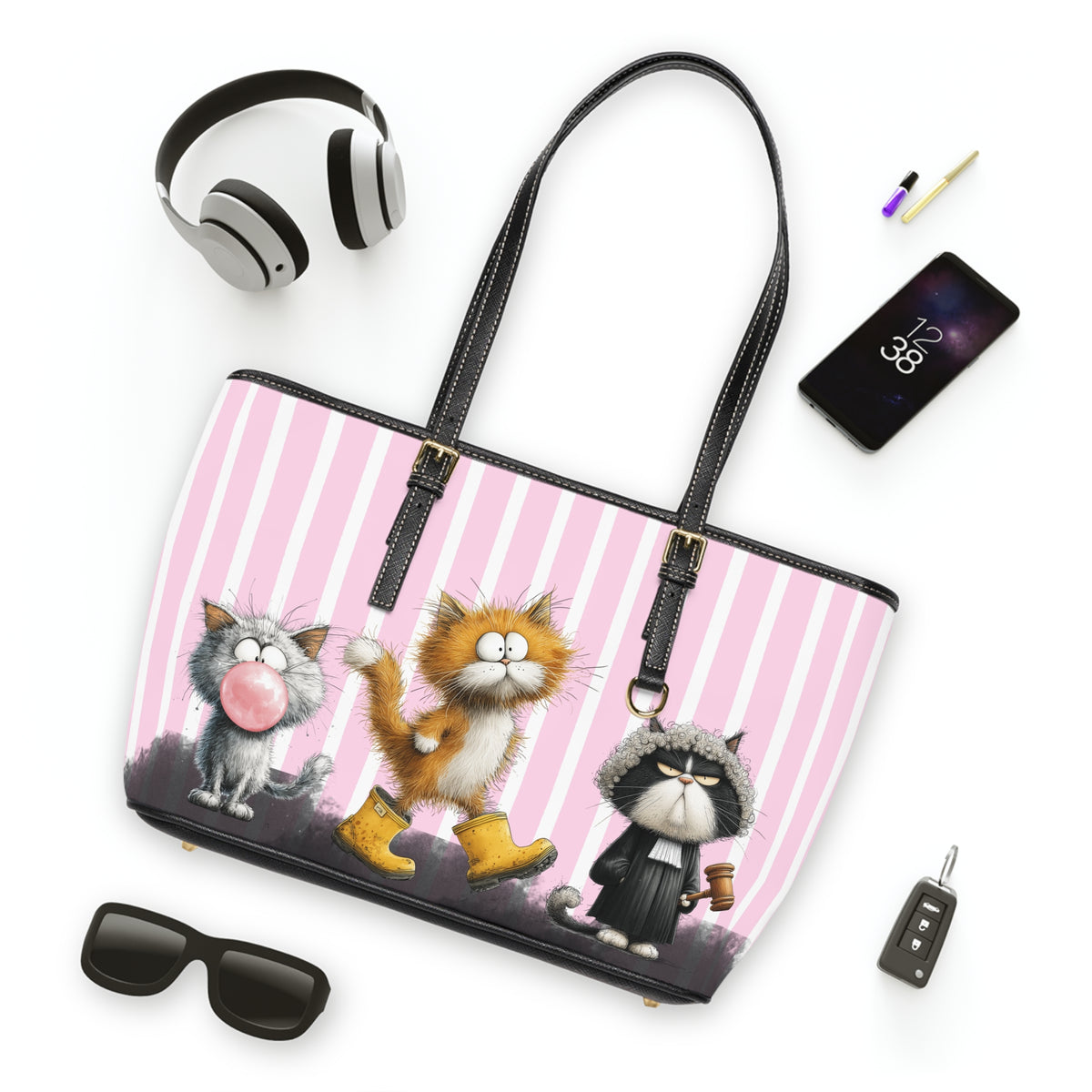 Whimsical Striped Cats PU Leather Shoulder Bag | Pink Cat Illustration