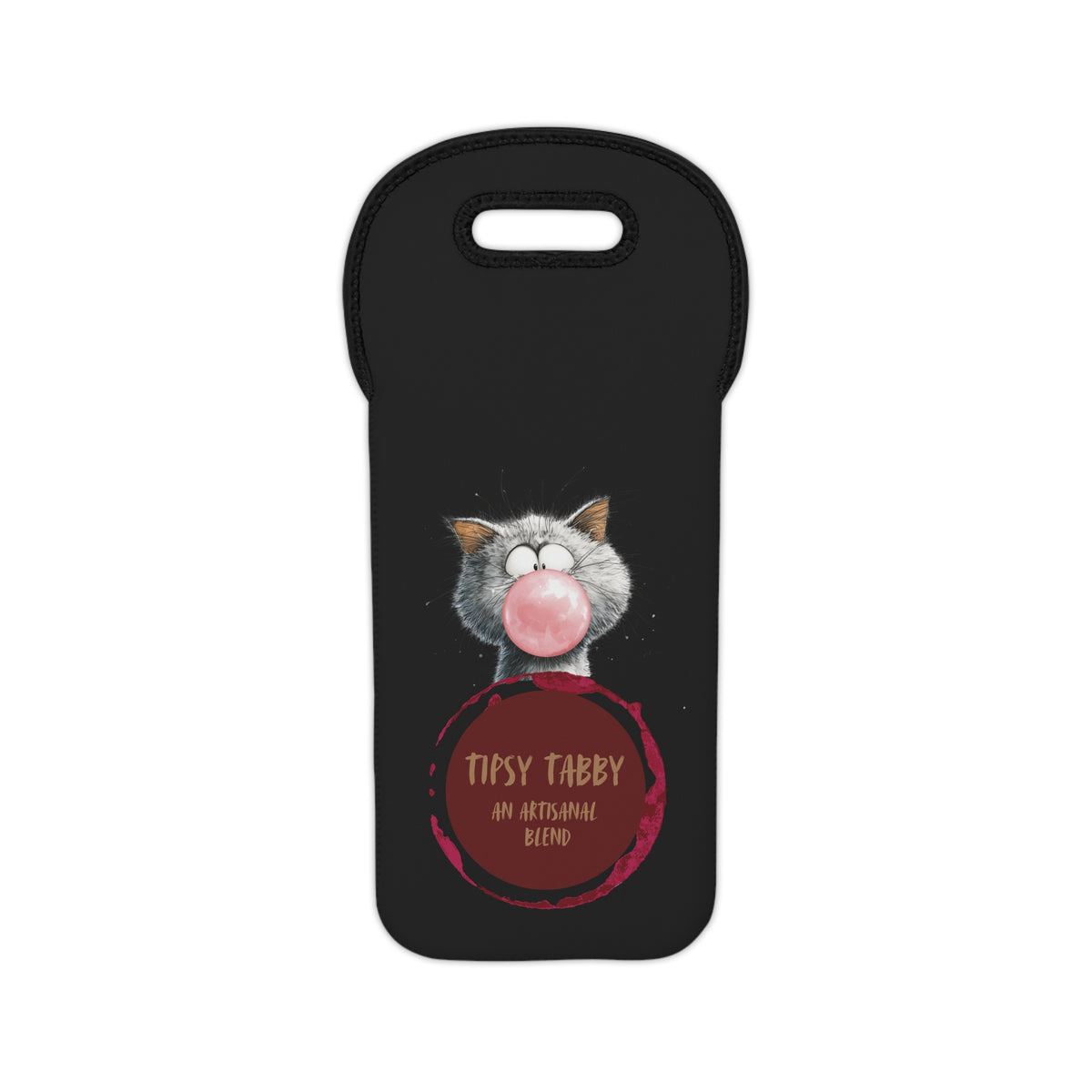 Tipsy Tabby Bubblegum Cat Wine Tote Bag | Neoprene Bottle Carrier