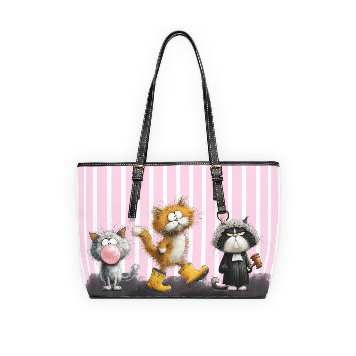 Whimsical Striped Cats PU Leather Shoulder Bag | Pink Cat Illustration