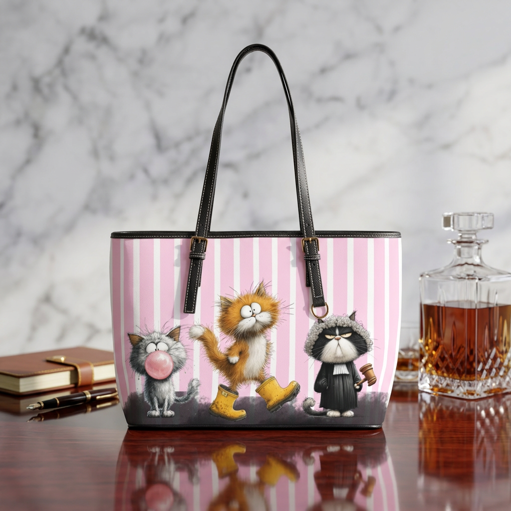 Whimsical Striped Cats PU Leather Shoulder Bag | Pink Cat Illustration