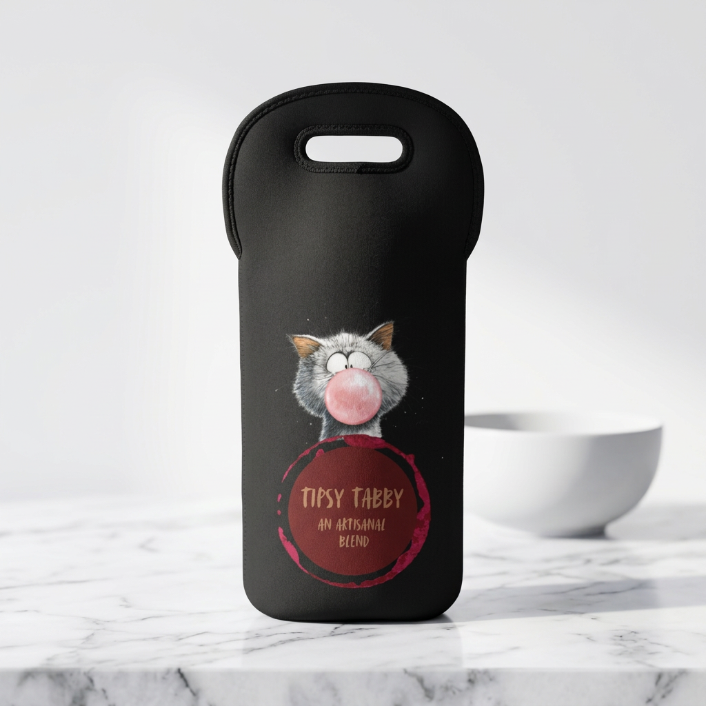 Tipsy Tabby Bubblegum Cat Wine Tote Bag | Neoprene Bottle Carrier
