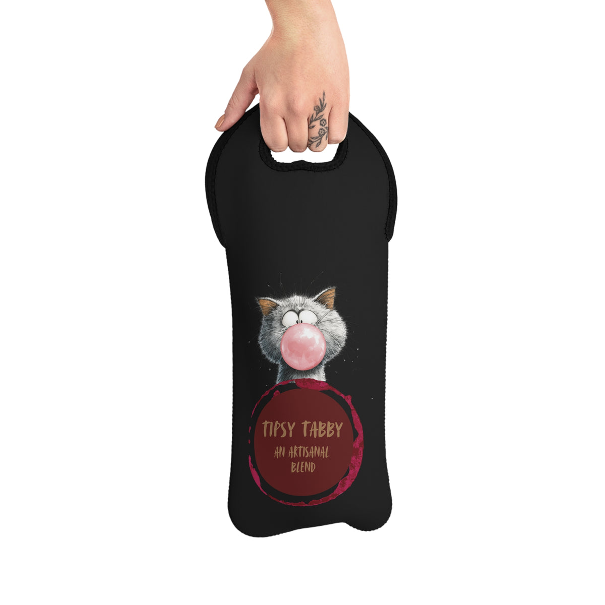 Tipsy Tabby Bubblegum Cat Wine Tote Bag | Neoprene Bottle Carrier
